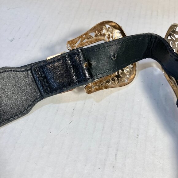 Vtg Western Stretch Faux Black Leather Gold Tone Double Buckle Womens Belt XS S - Picture 11 of 15